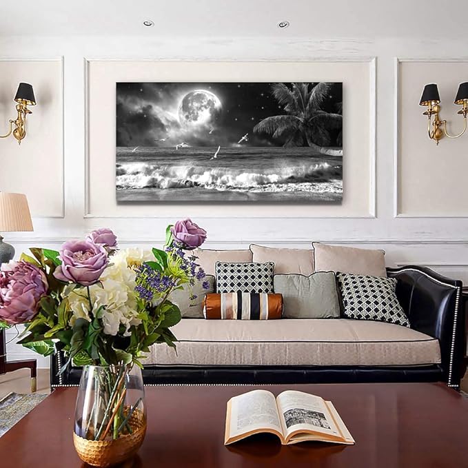 Yxbhhym Black and White Ocean Wall Art Moon Sea Beach Canvas Print Art Ocean Paintings Seascape Poster Wall Pictures Landscape Palm Artwork for Wall Living Room Decor Framed-20x40inches