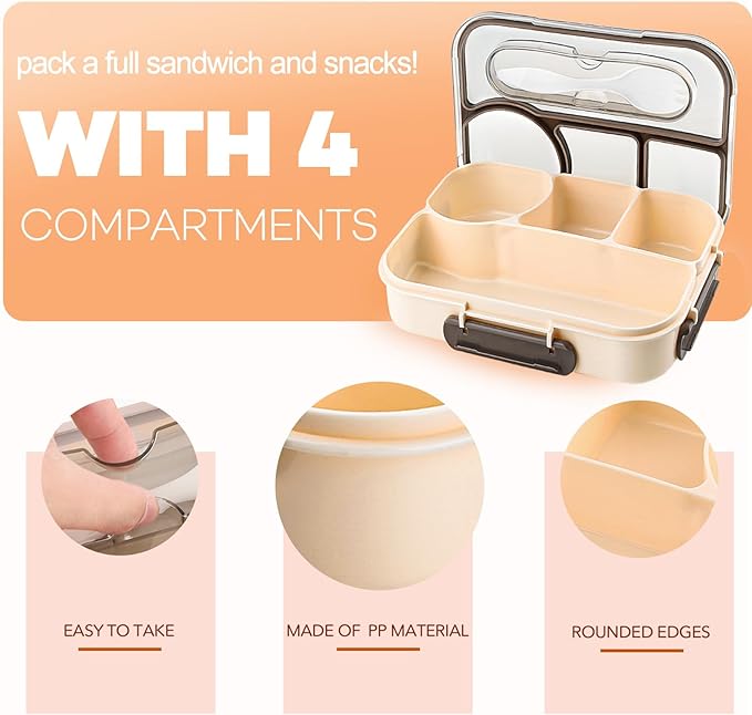 Bento Box for Adults,4 Compartments Lunch Box, Snack Containers Reusable Lunch Containers Drop-Proof, Dishwasher Safe & Made with BPA-Free Materials, Beige