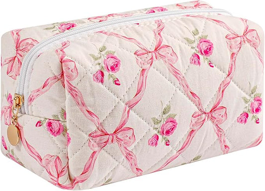 HHQQWZ Travel Makeup Bag, Cosmetic Bag for Women Girls, Floral Flowers Toiletry Organizer, Portable Storage Bag, Pink Bowknot/Gold Zipper
