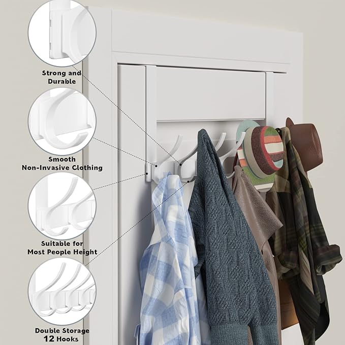 Peasulin Over The Door Hooks, Sturdy Door Hanger, Large Over The Door Towel Rack with 12 Hooks, Heavy Duty Easy to Install, for Bathroom, Bedroom, Kitchen, Hanging Towels, Coats (White)