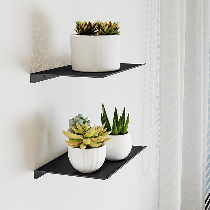 MKO 8" Small Floating Shelves for Wall, Metal Wall Mounted Shelf for Bathroom, Bedroom, Living Room, Kitchen, Little Mini Tiny Display Hanging Shelves for Books/Storage/Room Decor 2 Packs, Black