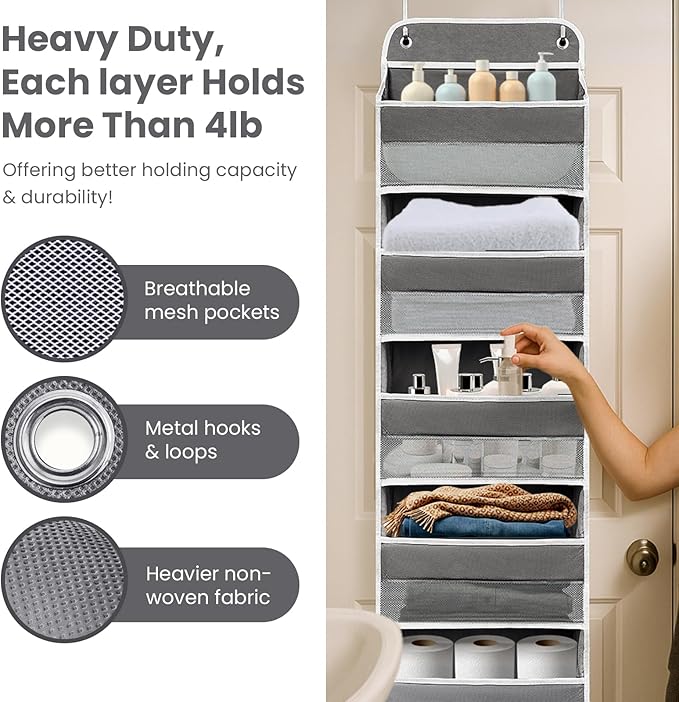 Easy Assembly Over The Door Organizer, 6 Shelves& 10 Side Pockets, Heavy-Duty Reinforced Mesh Rack Holds 44lb, Hanging Behind Door Storage for Bathroom Pantry, Nursery, Closet, Shoes, Towels-Dark Grey