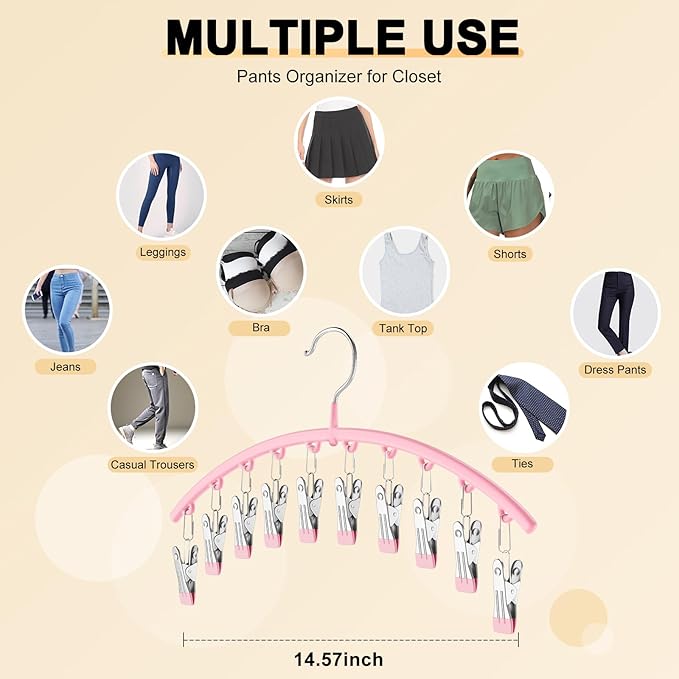 Metal Yoga Pants Hangers 1 Pack w/10 Clips Holds 10 Leggings, Space Saving Hanging Closet Organizer w/Rubber Coated Closet Organizers and Storage, Pink