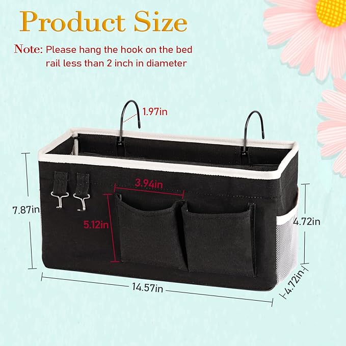 Ozzptuu Bedside Storage Caddy/Bedside Hanging Storage Bag for Headboards, Bunk Beds, Dorm Rooms - Book, Phone, Magazine Holder (Black)