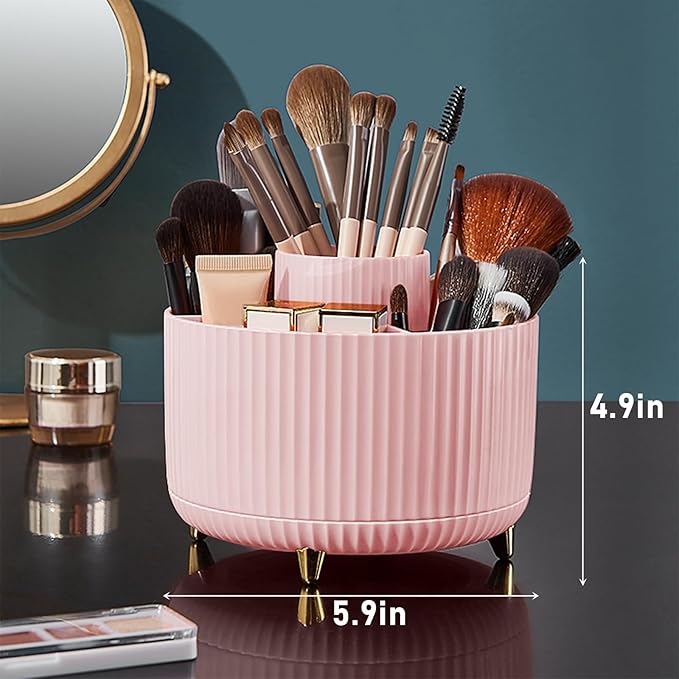Diesisa Makeup Brush Holder Organizer, 360° Rotating Makeup Brush Organizer, 5 Slot Makeup Brushes Cup for Cosmetics, Nail Polish, Art Supply, Bathroom Vanity Desktop Organizer - Pink