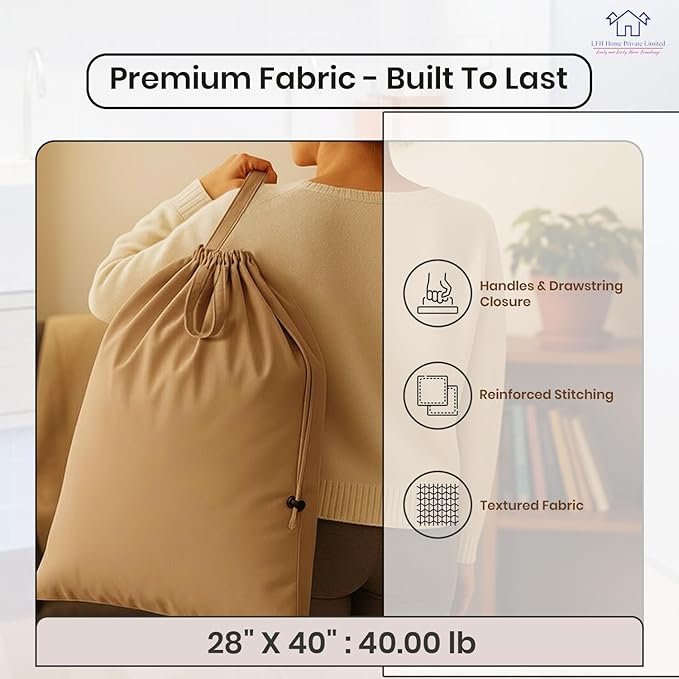 LFH Home Cotton Canvas Large Laundry Bag with Handle, Heavy Duty Drawstring Closure Washable Laundry Bags, for School Travel, Home, Hotel, College Dorm, Organizer Sack, Toys Clothes 28x40-Beige