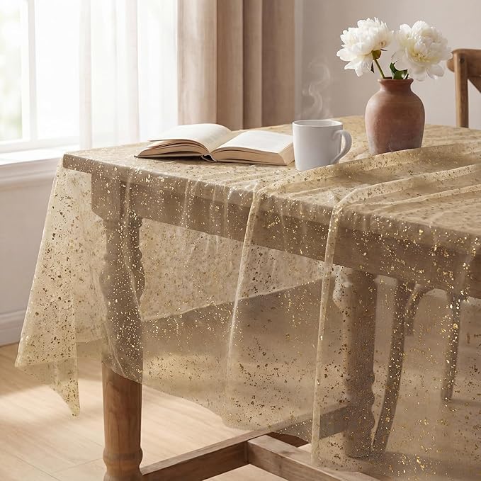 Horaldaily Coffee Gold Gauze Tablecloth 60x84 Inch Rectangular, Golden Sequin Glitter Metallic Foil, Sheer Tulle Cheesecloth for Wedding Baby Shower Ceremony Birthday