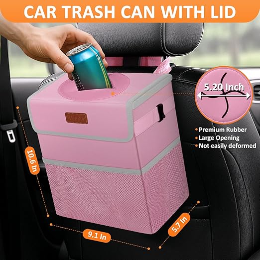 Vankor Pink Car Trash Can Cute, Pink Car Accessories for Women Waterproof Automotive Garbage Cans Leak Proof Vehicle Trash Can