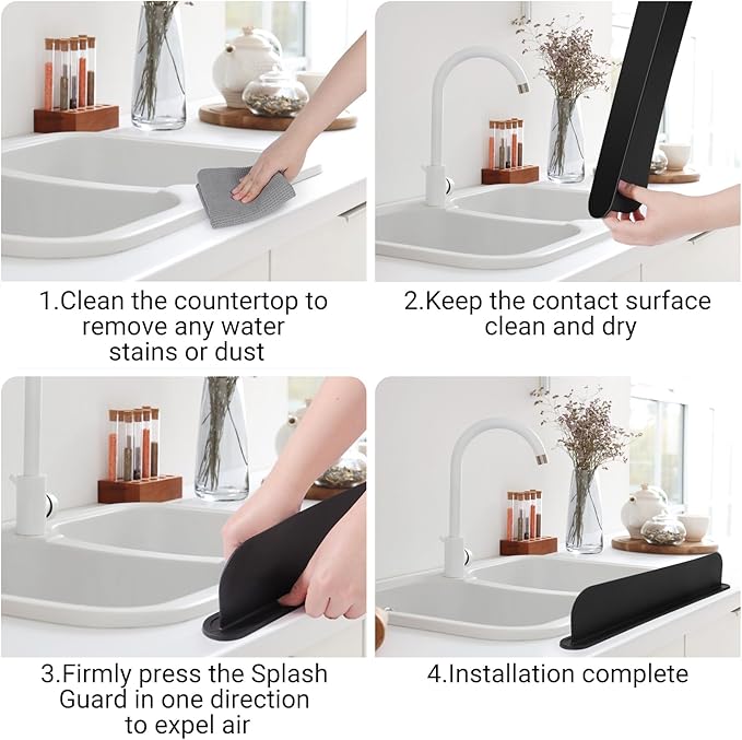 AIZOE 19.29 inch Sink Water Splash Guard, Silicone Sink Splash Guard, Backsplash Protector for Kitchen Countertop & Bathroom Bathtub with Non-Slip Strong Suction, Black, Pack of 2