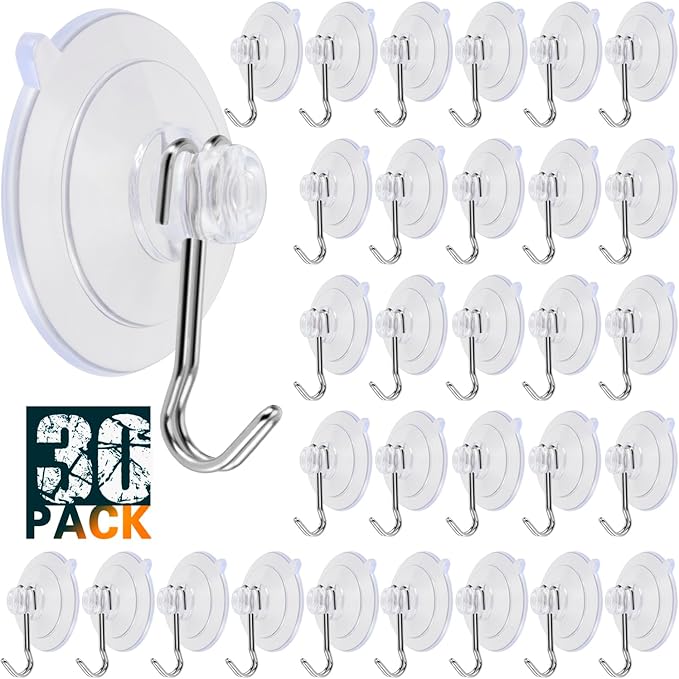 Suction Cup Hooks, Transparent PVC Removable Reusable, for Glass Windows, Mirrors, Doors, Tiles, 30 Pack