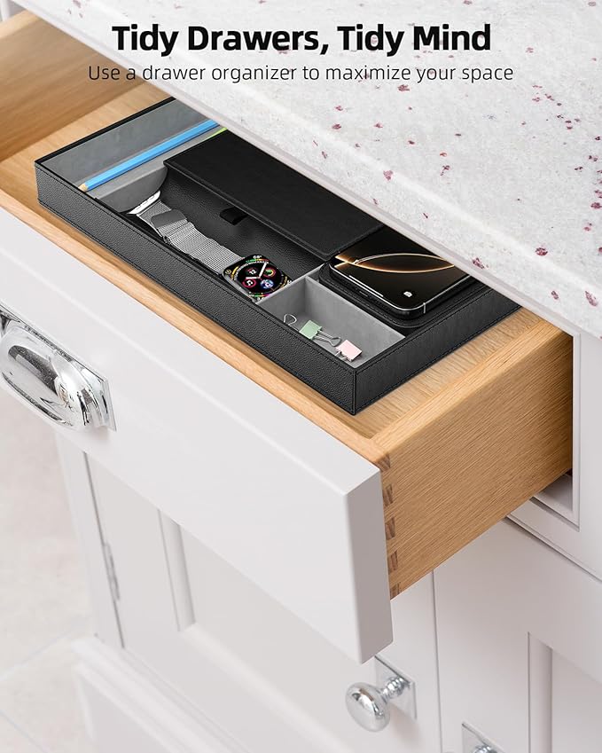 Valet Tray with Wireless Charger, Nightstand Organizer, Leather Desk Drawer Organizer Tray with 7 Compartments for Jewelries, Watch, Key, Wallet, Phone, Black