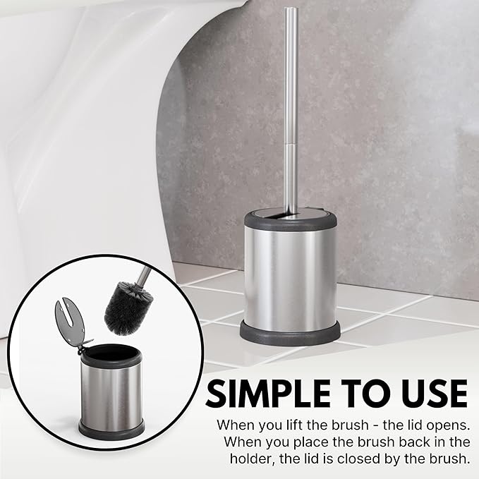 ToiletTree Products Toilet Brush with Lid - Sleek Toilet Bowl Brush and Holder - Toilet Scrubber Brush Set with Heavy-Weight Base - Lidded Toilet Bowl Cleaner Brush and Holder - Chrome