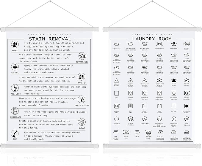 Gersoniel 2 Pieces Laundry Room Decor Laundry Symbols Wall Art Washing Room Hanging Symbols Decoration Stain Removal Theme Sign Clothes Care Room Art Ready to Hang Plaque, 11.8 x 15.7 Inches(White)