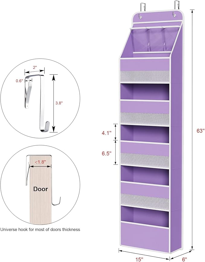 Univivi 6-Shelf Over Door Hanging Organizer, Fabric Baby Door Storage with 5 Large Pockets and 3 Small PVC Pockets, Wall Mount Hanging Storage Organizers for Baby Essentials (Purple)