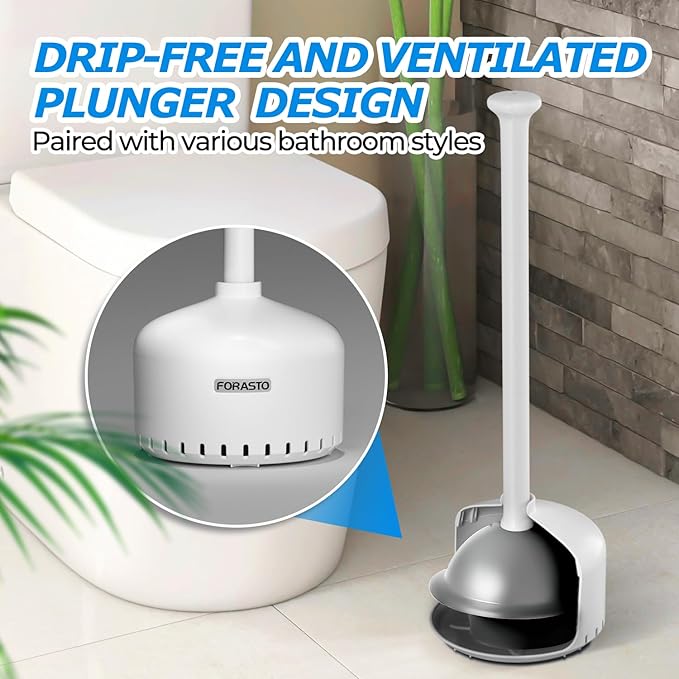 FORASTO Toilet Plunger with Holder,Plungers for Bathroom with Holder,Heavy Duty Plunger with Cover,Bathroom Decor，Bathroom Accessories，Toilet Bowl Cleaners,Pearl White