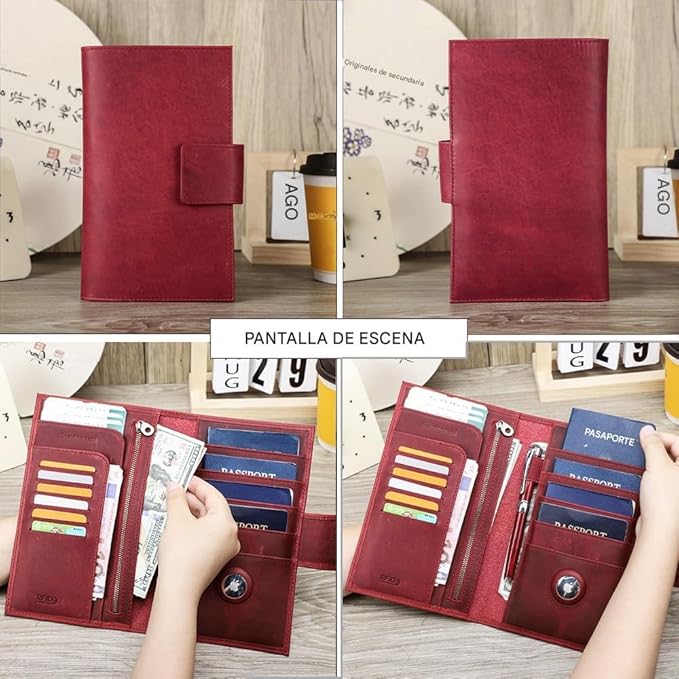 CONTACTS Full Grain Leather Family Passport Holder for 4 Women Airtag Passport Wallet RFID Blocking Travel Passport Cover with 4 Passport Slots, 6 Card Slots (Red)