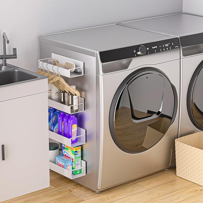 4 Pack Magnetic Laundry Organizer, Heavy Duty Magnetic Shelf For Washer And Dryer, White, Iron