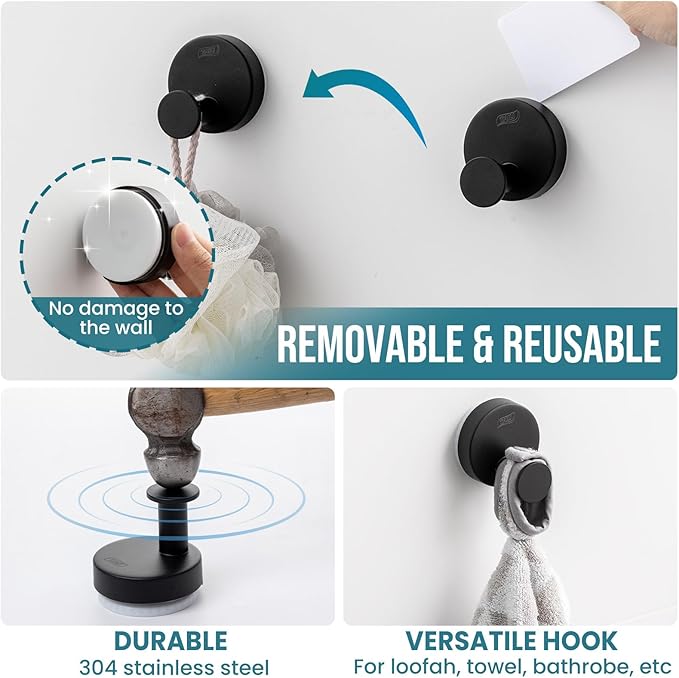 TAILI 304 Stainless Steel Bathroom Suction Hooks for Towel, Bathrobe, Loofah, Patented Strong Suction Cup Holder, No Damage Hanging Glass Shower Wall Hook, Classic Round, 2 Pack, Black