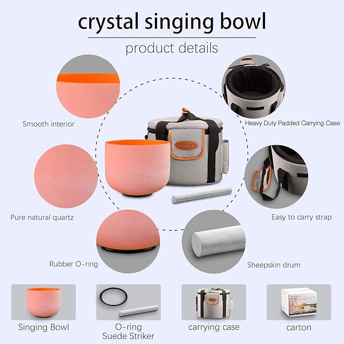 RYAN DVAN 8” D Note Orange Frosted Sacral Chakra Crystal Singing Bowl with Free Heavy-Duty Carrying Case and Suede Striker O-Ring