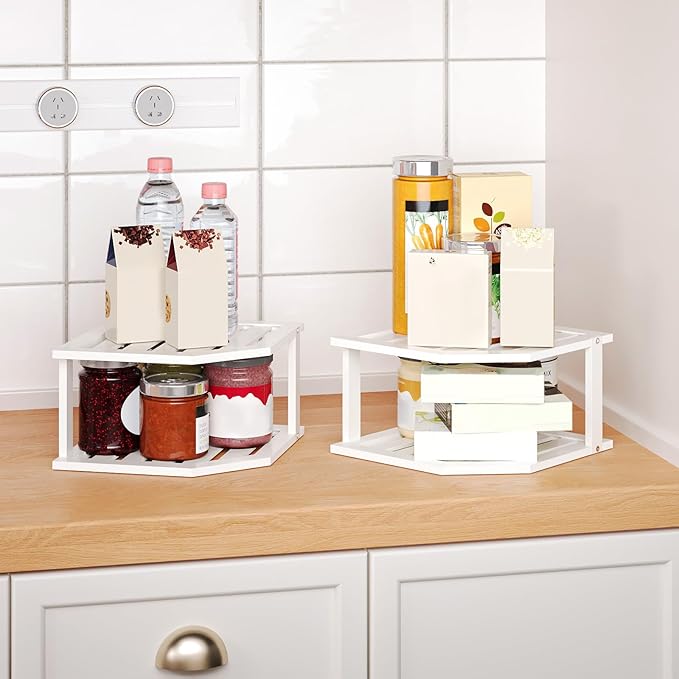 Bamboo Corner Shelf (2 Pack), 2 Tier Plate Organizer for Cabinet and Countertop, Pantry Dish and Spice Rack for Kitchen (White)