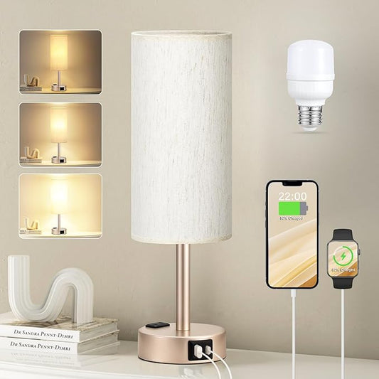 Fenmzee Bedside Table Lamp for Bedroom - 3 Way Dimmable Touch Lamp USB C Charging Ports and AC Outlet, Small Lamp Gold Base Round Flaxen Fabric Shade for Living Room, Desk, LED Bulb Included