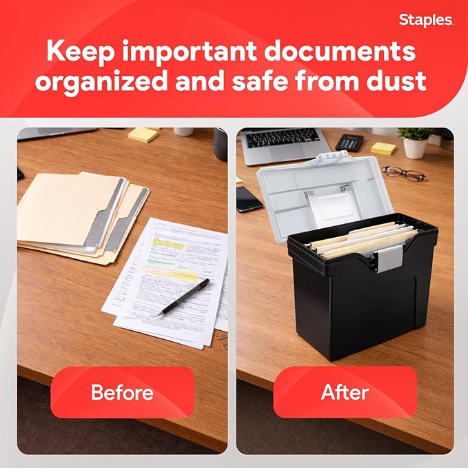 STAPLES File Box - Portable Storage Organizer, Letter Size, Black with Lift-Off Lid & Easy-Grip Handle