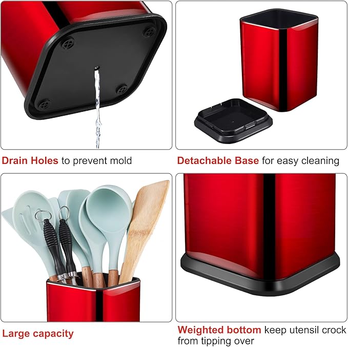 RedCall Stainless Steel Kitchen Utensil Holder for Countertop, Spoon Spatula Organizer, Modern Rectangular Large Cooking Utensil Caddy Counter, Utensil Crock (Stainless Steel Red)