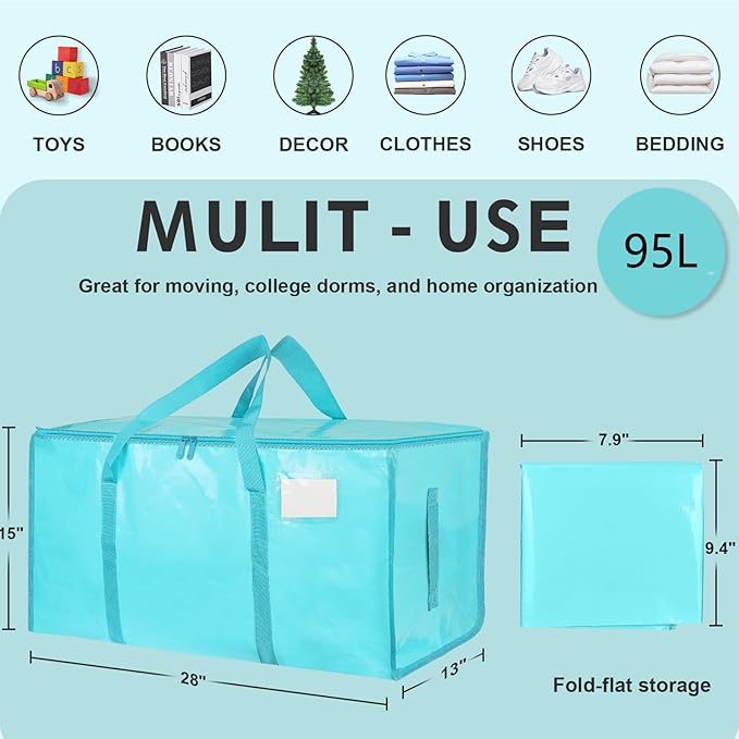 16 Pack - Extra Large Heavy Duty Moving Bags - Waterproof Storage Totes with Handles & Zippers, Foldable for College Dorm, Storage (lake blue)