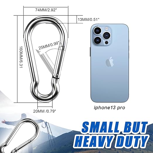 Large Carabiner Clip Hooks, 4pcs 6.2 inch Carabiners Heavy Duty, 304 Stainless Steel Spring Snap Hook Fits Camping Hanging Hiking Weight Lifting, Metal Clips for Rope or Chain
