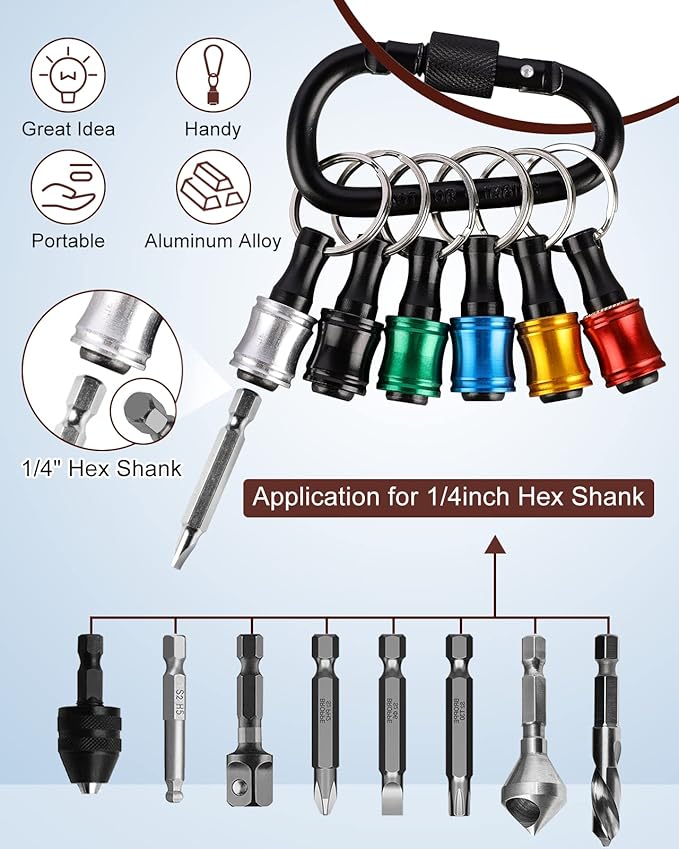 Katerk 6pcs 1/4 inch Hex Shank Aluminum Alloy Screwdriver Bits Holder 2 Sets, Light-weight Quick-change Extension Bar Keychain Drill Screw Adapter Change Portable (With Black Carabiner)