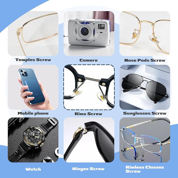 Gold Eyeglass Repair Tool Kit Eye Glass Repair Kit Eye Glasses Repairing Screwdriver Set with Eyeglass Screws, Nose Pads, Small Screwdriver, Tweezers for Glasses Sunglasses Watch Clock Repair