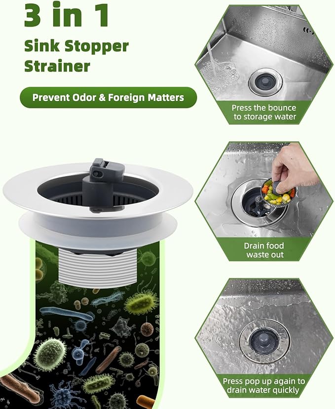 Universal 3-in-1 Kitchen Sink Strainer Stopper Pop Up Sink Drainer with Upgrade Folded Handle, for US Standard 3-1/2 inch Drain Filter, Chrome Stainless-wrapped Shell, Anti-clog