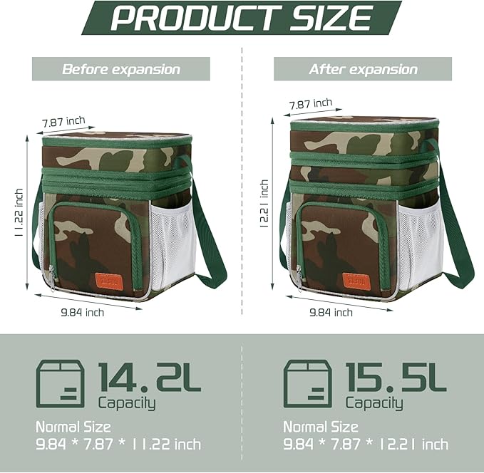 Insulated Lunch Bag for Women Men, Reusable 3 Layers Lunch Box Women, Expandable Reusable Water-resistant Lunch Box for Work Travel Office Picnic Hiking (Green Camo)