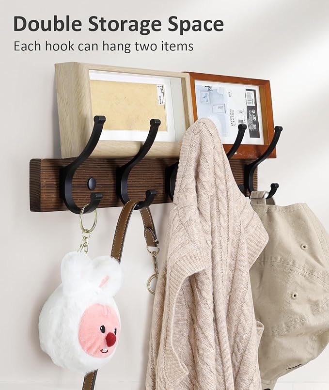 Coat Rack Wall Mount, 16.5 Inches Wood Coat Hooks Wall Mount, Wall Coat Rack with 5 Hooks, Hat Rack Wall Hooks for Hanging Coat, Bag, Towel (2Pack, Brown)