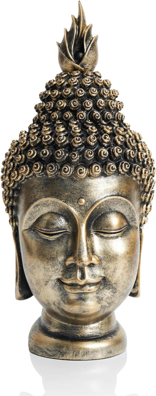 Buddha Head Statue Zen Meditation Decoration, 11 inch Resin Antique Golden Buddha Head Statue for Buddhist Spiritual Altar Decoration Buddhism Gifts
