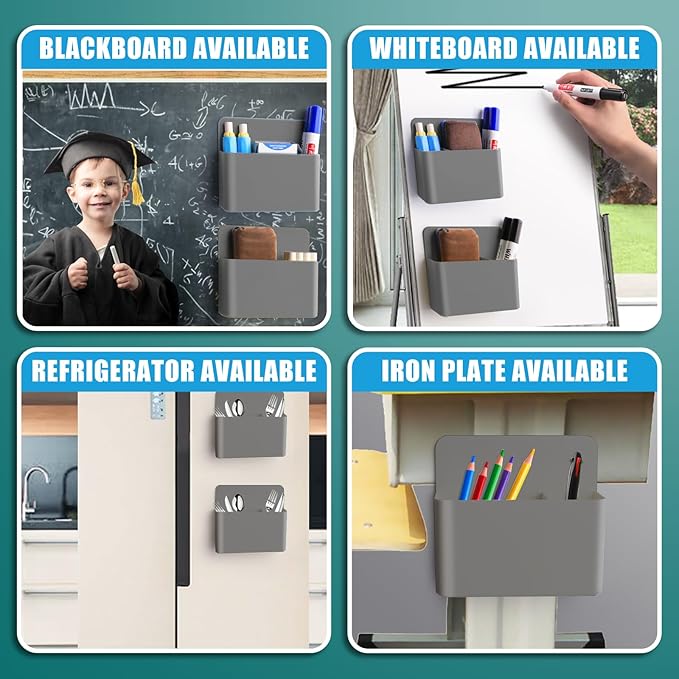2 Pcs Magnetic Marker Holder Dry Erase Marker Holder Wall Mount Self Adhesive Pen Holder Magnetic Marker Cup Holders for Whiteboard, Fridge, Home Office School (Grey)
