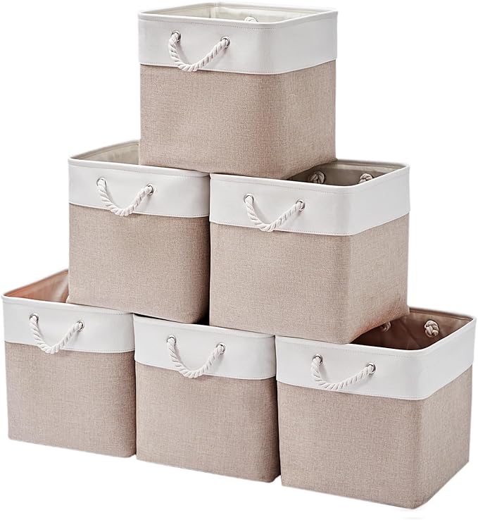 ISEMINGLA 13 x 13 Inch Storage Cubes，6 Pack Cube Storage Bins for Shelves，Fabric Collapsible Storage Bins with Handles, Foldable Storage Basket for Organizing Clothes, Toys, Books (White&Beige)