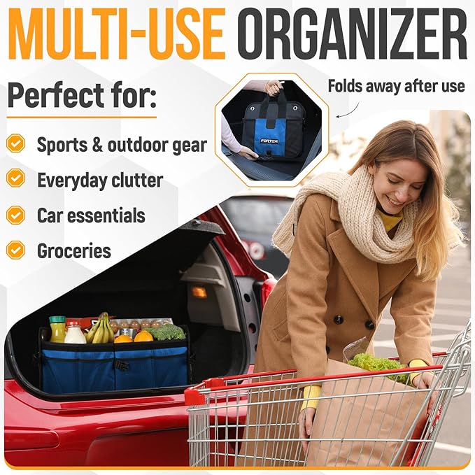 FORTEM Trunk Organizer For SUV Car Organizer and Storage, Multi-Compartment Storage Bag Car Accessories for Women Men, Perfect Christmas Gifts, 1680D Oxford, Non Slip Bottom, Straps, Soft Cover (50L)