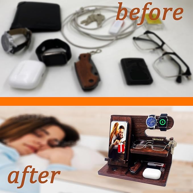 Gifts for Men Women Brother Boss Boyfriend Him Nightstand Organizer Gifts for Dad from Daughter Son Wood Phone Docking Station (Dark Brown)