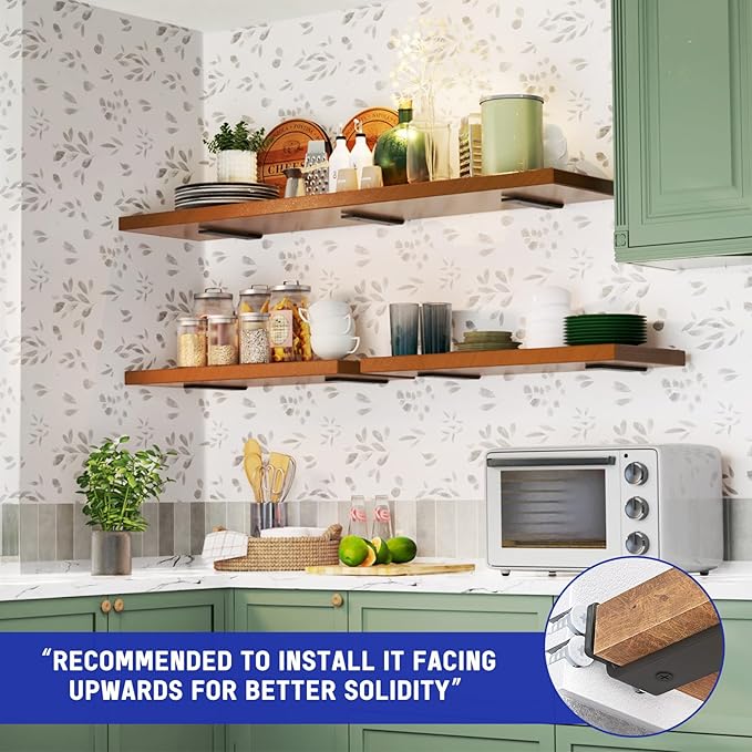 Goovilla Shelf Bracket, Heavy Duty Floating Shelf Brackets 8 inch Long, 12 Pack Brackets for Shelves, Black Coated Metal Wall Shelf Support Brackets with 1/5 Inch Thick and 160 lb. Load Capacity
