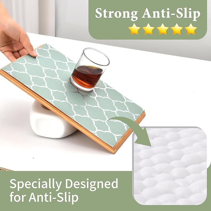 Shelf Liners for Kitchen Cabinets Non Adhesive Drawer Liner 23.6in x 30FT Light Green Quatrefoil Thickened Shelf Liner Strong Non-Slip Easy to Clean Tool Box Refrigerator with Knife and Tape Measure