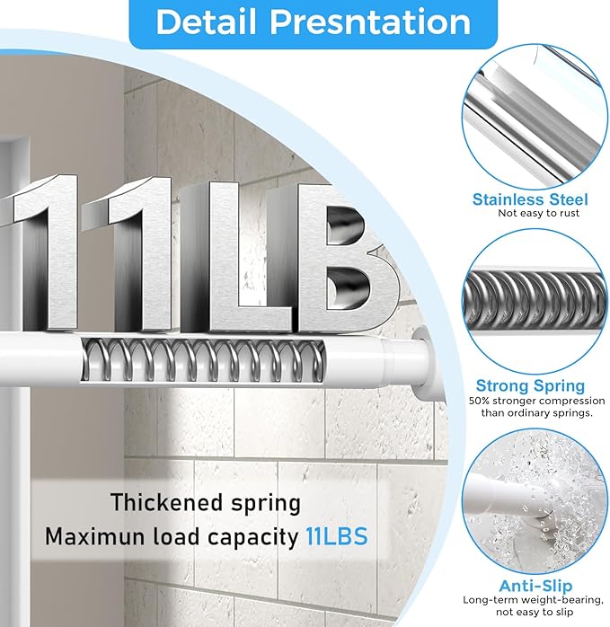 Shower Curtain Rod 31-63 Inch,0.87"Diameter Adjustable Spring Tension Curtain Rods No Drill,Ivory White Shower Tension Rod for Bathroom,Room Divider,Window,Anti-Rust Non-Slip 2-Pack