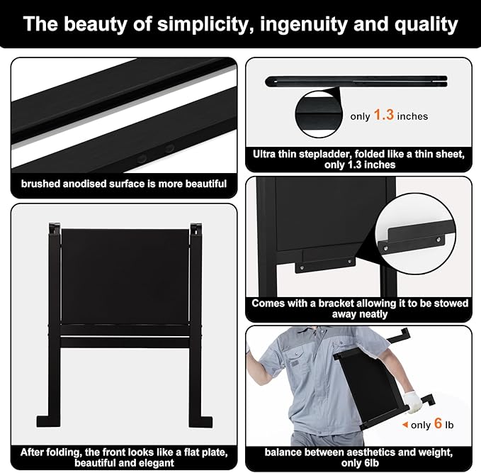 Folding Step Stool,Aluminum Ultra Thin Stool,400 Lbs Capacity Heavy Duty with Anti-Slip Sturdy and Wide Pedal,Closet Step Ladder for Home,Kitchen,Office and Dorm Bed (Black)