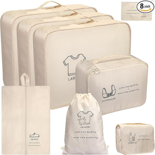 SKYREH 8 Set Travel Packing Organizers- Luggage Organizer for Suitcase Organization with Hanging Toiletry, Shoe & Laundry Bags, Packing Cubes for Travel Essentials, Cute Gifts for Women, Beige