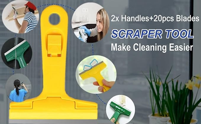 2pack Razor Blade Scraper, Industry Glass Window Scraper, Heavy Duty Cleaning Scraping Hand Tool with 20pcs Blades for Putty Residue Stains Paints Glue Mud Wallpaper Removing Remover Cleaner (Yellow)