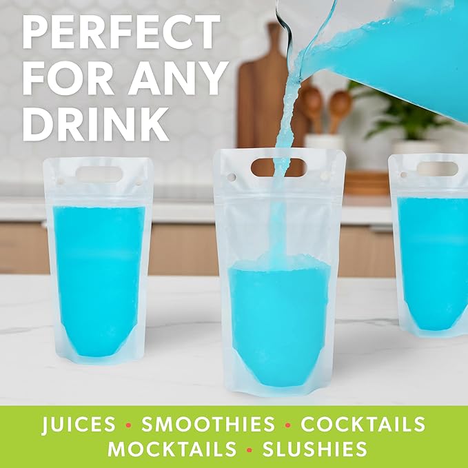 Mrs. Sippy Clear Drink Pouches for Adults - 100 Reusable Plastic Drink Bags with Straws - 17 oz Freezable Juice, Smoothie, and Alcohol Pouches
