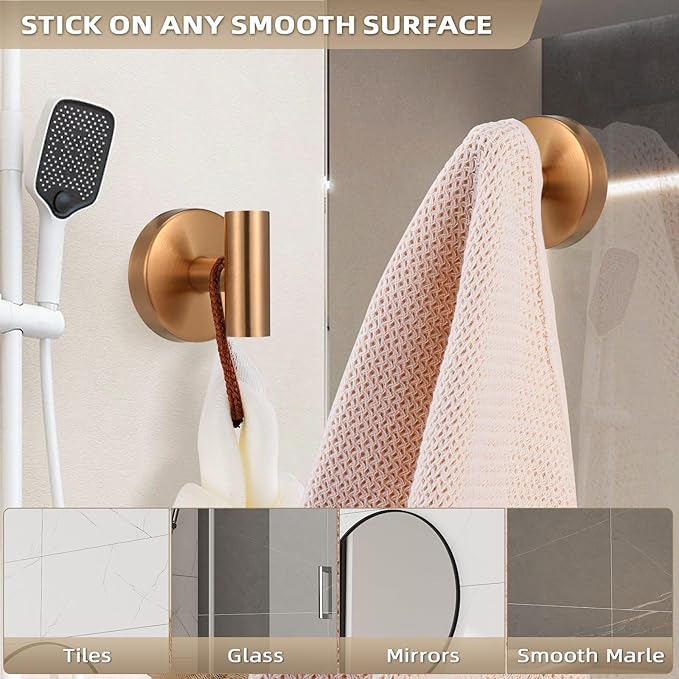 Suction Cup Hooks for Shower - Bathroom Reusable Hooks for Towels, Robes & Loofah - No-Drill Mounting on Kitchen, Walls, Metal, Glass, Mirrors, Tile & Smooth Non-Porous Surfaces (2, Champagne Bronze)
