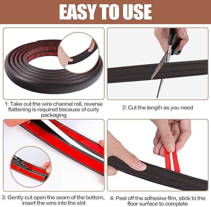 Floor Cord Cover Self Adhesive Cord Hider,3.3FT Cable Management, Extension Strip Protector for Wires, Prevent Cable Trips for Offices, Gyms, Exhibitions Cavity:0.3"(W) x 0.28"(H) Black Wood
