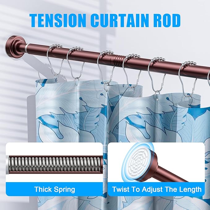 TEECK Shower Curtain Rod, 27-76 inch Adjustable Spring Tension Curtain Rod, Never Rust Anti-Slip Shower Curtain Rod for Bathroom, No Drilling, Never Collapse, Easy to Use, Brown
