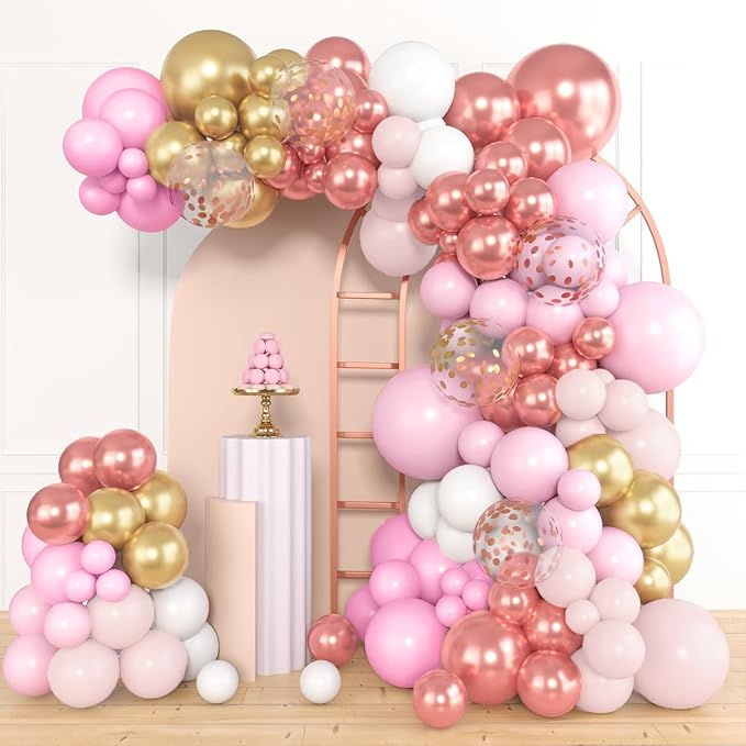 Amandir 164Pcs Rose Gold Pink Balloons Garland Arch Kit Light Pink Gold White Confetti Latex Metallic Balloons for Valentine's Day Birthday Decorations Baby Shower Wedding Graduation Party Decorations